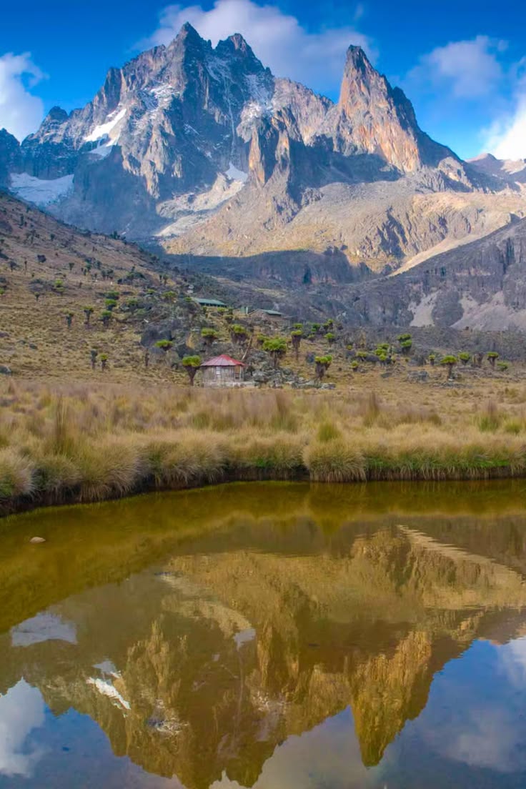 Mount Kenya reflected in a still alpine lake
